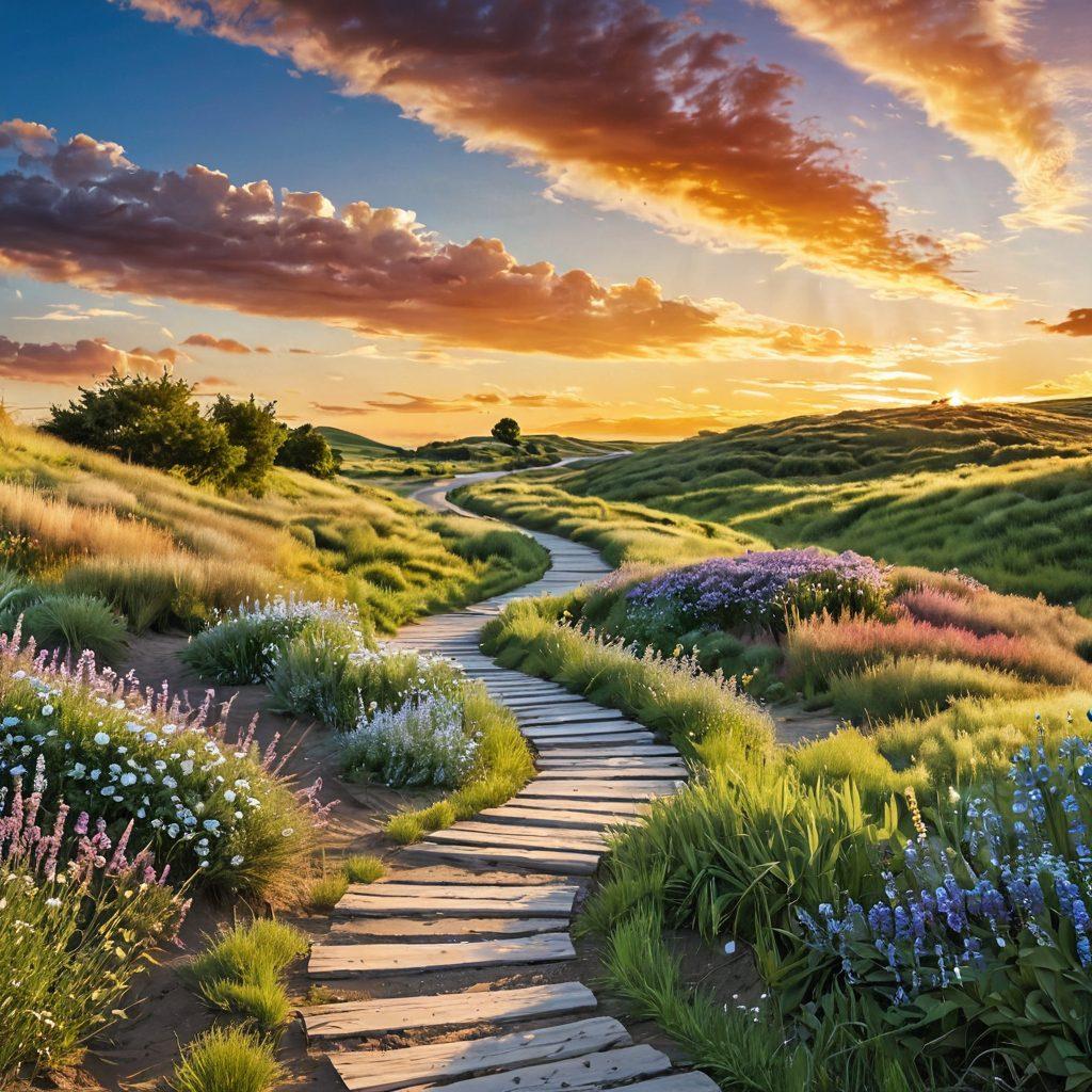 A serene landscape showing a winding path leading to a peaceful horizon under a bright sky. Along the path, there are signs symbolizing debt relief strategies like budgeting, saving, and financial education. The foreground features a diverse group of people happily walking together, embodying hope and unity. The overall imagery conveys a sense of optimism and freedom from financial burdens. vibrant colors. super-realistic.