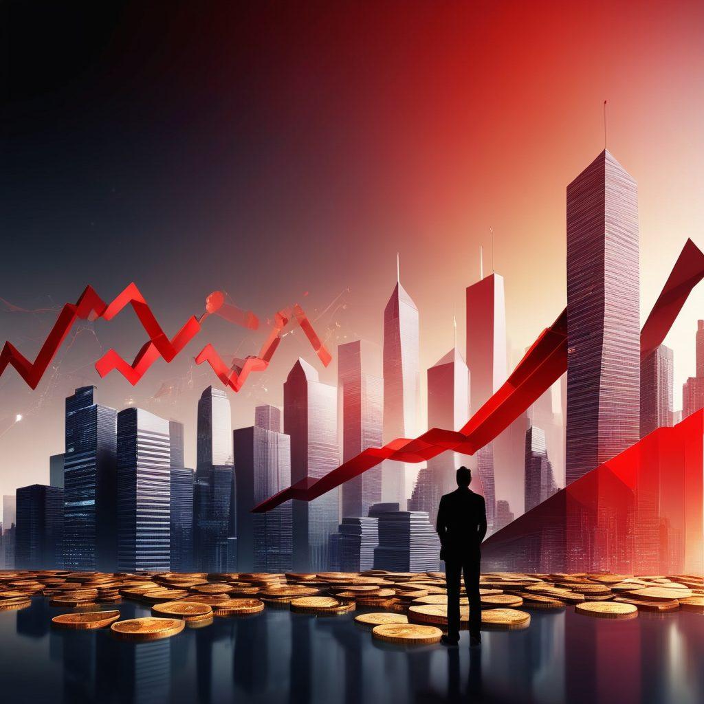 A dynamic gradient transitioning from red to black, symbolizing financial transformation. Include visual elements like coins and financial charts lifting upward, representing growth and success. Place a silhouette of a person happily reviewing their finances in the foreground. The background should be a sleek, modern cityscape representing prosperity. vibrant colors. 3D. super-realistic.